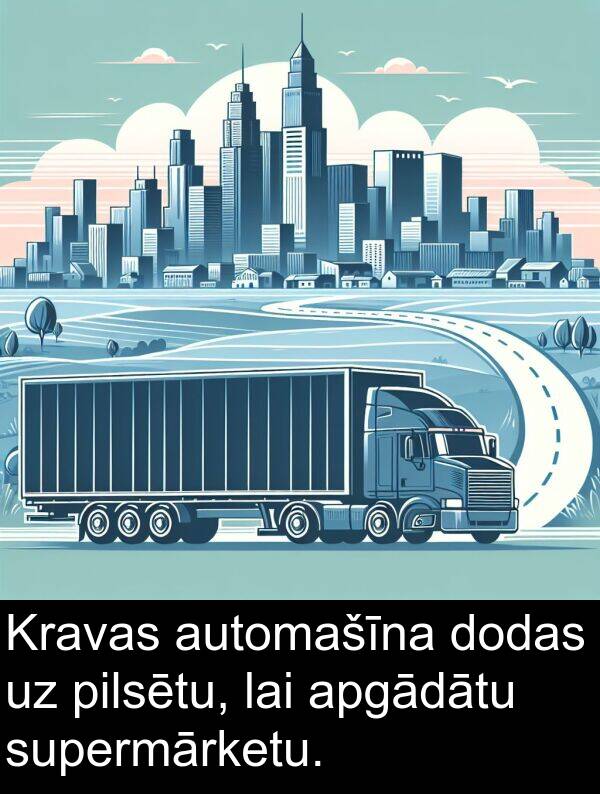 automašīna: Kravas automašīna dodas uz pilsētu, lai apgādātu supermārketu.