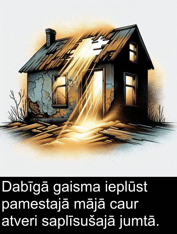 mājā: Dabīgā gaisma ieplūst pamestajā mājā caur atveri saplīsušajā jumtā.