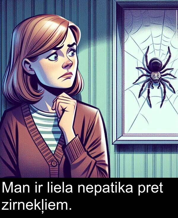 pret: Man ir liela nepatika pret zirnekļiem.