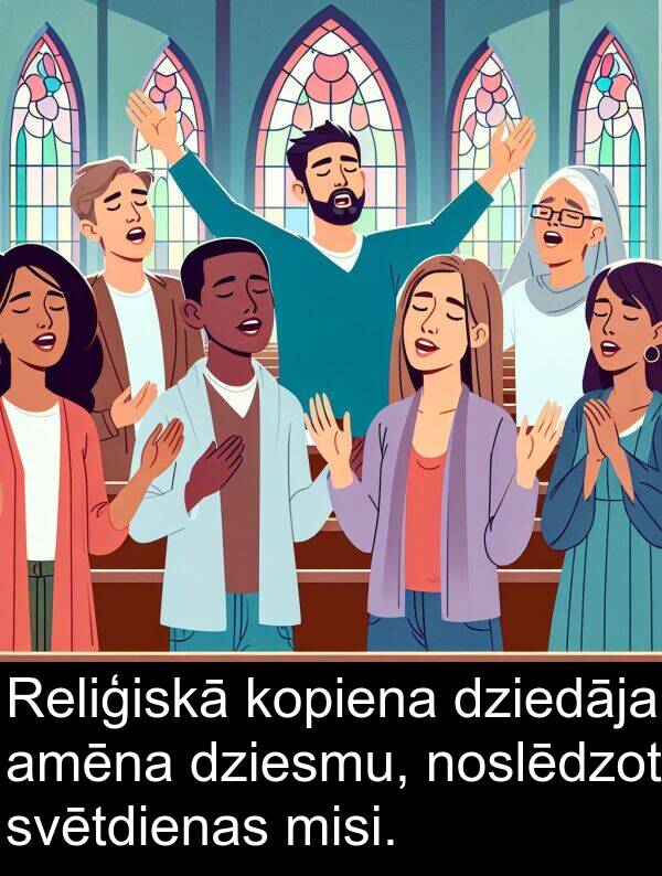 kopiena: Reliģiskā kopiena dziedāja amēna dziesmu, noslēdzot svētdienas misi.