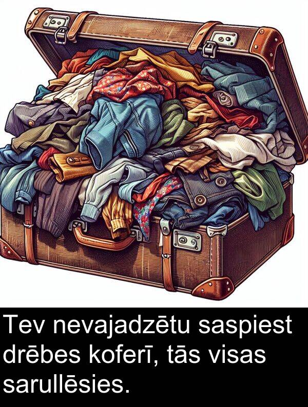 koferī: Tev nevajadzētu saspiest drēbes koferī, tās visas sarullēsies.