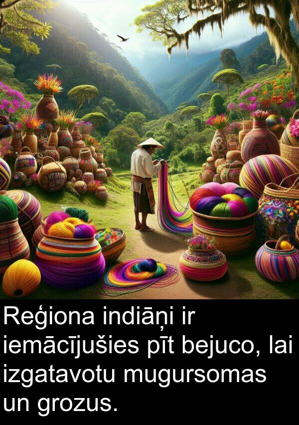 pīt: Reģiona indiāņi ir iemācījušies pīt bejuco, lai izgatavotu mugursomas un grozus.