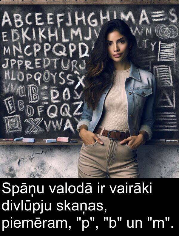 vairāki: Spāņu valodā ir vairāki divlūpju skaņas, piemēram, "p", "b" un "m".