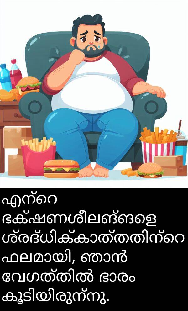 ഭക്ഷണശീലങ്ങളെ: എന്റെ ഭക്ഷണശീലങ്ങളെ ശ്രദ്ധിക്കാത്തതിന്റെ ഫലമായി, ഞാൻ വേഗത്തിൽ ഭാരം കൂടിയിരുന്നു.
