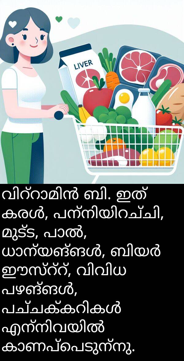 മുട്ട: വിറ്റാമിൻ ബി. ഇത് കരൾ, പന്നിയിറച്ചി, മുട്ട, പാൽ, ധാന്യങ്ങൾ, ബിയർ ഈസ്റ്റ്, വിവിധ പഴങ്ങൾ, പച്ചക്കറികൾ എന്നിവയിൽ കാണപ്പെടുന്നു.