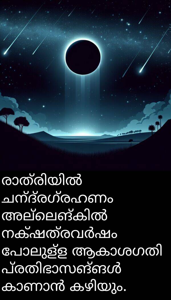 ചന്ദ്രഗ്രഹണം: രാത്രിയിൽ ചന്ദ്രഗ്രഹണം അല്ലെങ്കിൽ നക്ഷത്രവർഷം പോലുള്ള ആകാശഗതി പ്രതിഭാസങ്ങൾ കാണാൻ കഴിയും.