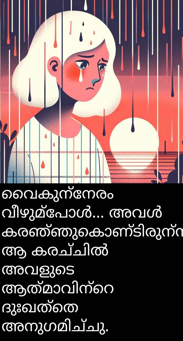 വൈകുന്നേരം: വൈകുന്നേരം വീഴുമ്പോൾ... അവൾ കരഞ്ഞുകൊണ്ടിരുന്നു... ആ കരച്ചിൽ അവളുടെ ആത്മാവിന്റെ ദുഃഖത്തെ അനുഗമിച്ചു.