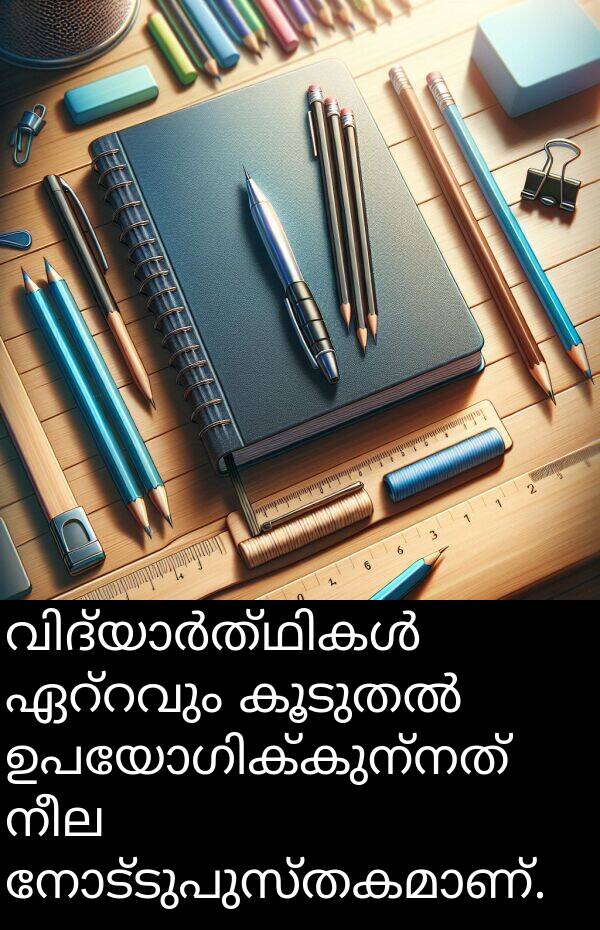 നീല: വിദ്യാർത്ഥികൾ ഏറ്റവും കൂടുതൽ ഉപയോഗിക്കുന്നത് നീല നോട്ടുപുസ്തകമാണ്.