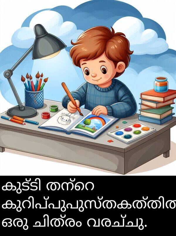 വരച്ചു: കുട്ടി തന്റെ കുറിപ്പുപുസ്തകത്തിൽ ഒരു ചിത്രം വരച്ചു.