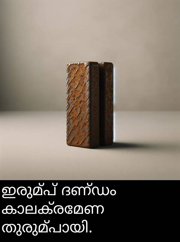 ഇരുമ്പ്: ഇരുമ്പ് ദണ്ഡം കാലക്രമേണ തുരുമ്പായി.
