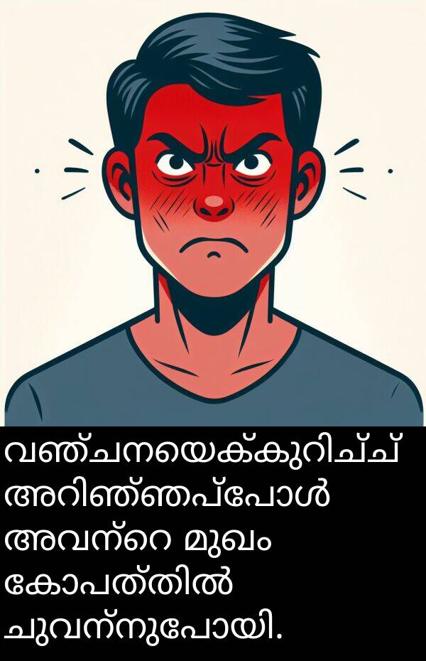 മുഖം: വഞ്ചനയെക്കുറിച്ച് അറിഞ്ഞപ്പോൾ അവന്റെ മുഖം കോപത്തിൽ ചുവന്നുപോയി.