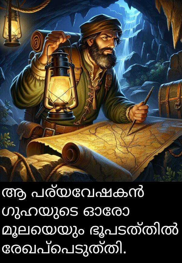 മൂലയെയും: ആ പര്യവേഷകൻ ഗുഹയുടെ ഓരോ മൂലയെയും ഭൂപടത്തിൽ രേഖപ്പെടുത്തി.