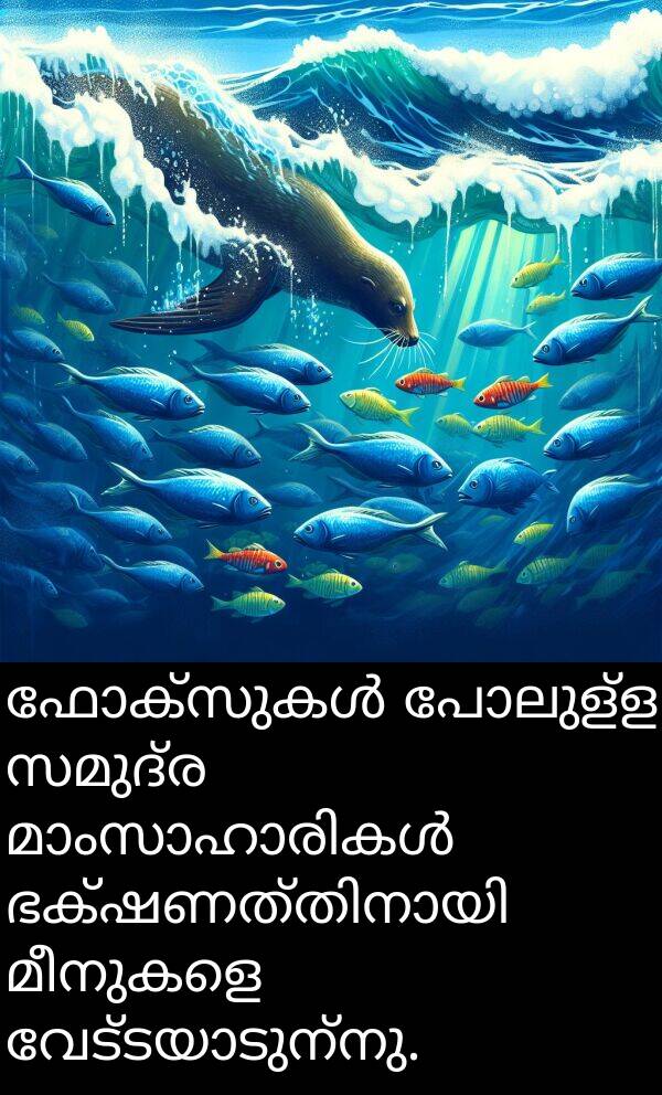 സമുദ്ര: ഫോക്‌സുകൾ പോലുള്ള സമുദ്ര മാംസാഹാരികൾ ഭക്ഷണത്തിനായി മീനുകളെ വേട്ടയാടുന്നു.