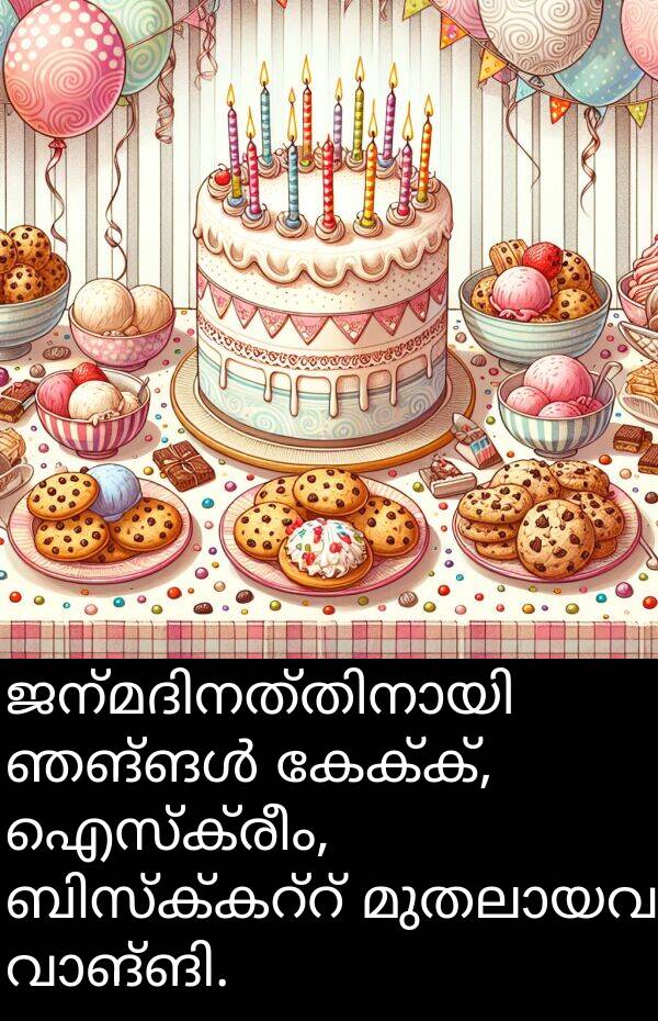 കേക്ക്: ജന്മദിനത്തിനായി ഞങ്ങൾ കേക്ക്, ഐസ്‌ക്രീം, ബിസ്ക്കറ്റ് മുതലായവ വാങ്ങി.