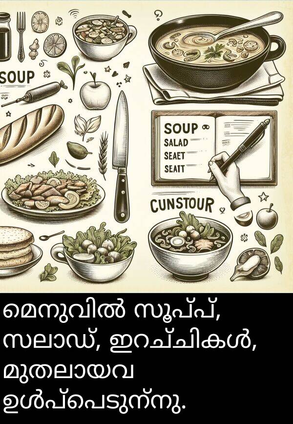 സൂപ്പ്: മെനുവിൽ സൂപ്പ്, സലാഡ്, ഇറച്ചികൾ, മുതലായവ ഉൾപ്പെടുന്നു.