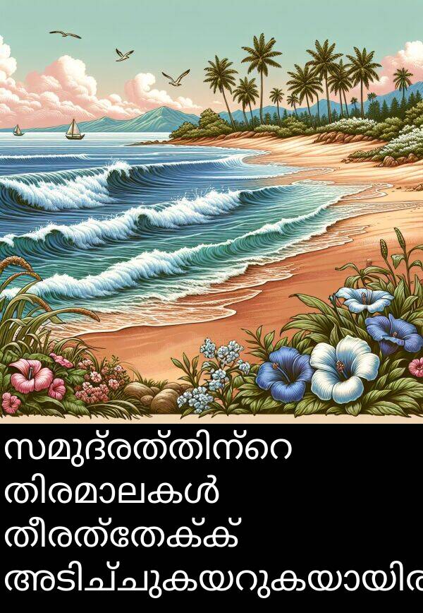 തീരത്തേക്ക്: സമുദ്രത്തിന്റെ തിരമാലകൾ തീരത്തേക്ക് അടിച്ചുകയറുകയായിരുന്നു.