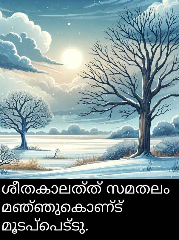 മൂടപ്പെട്ടു: ശീതകാലത്ത് സമതലം മഞ്ഞുകൊണ്ട് മൂടപ്പെട്ടു.