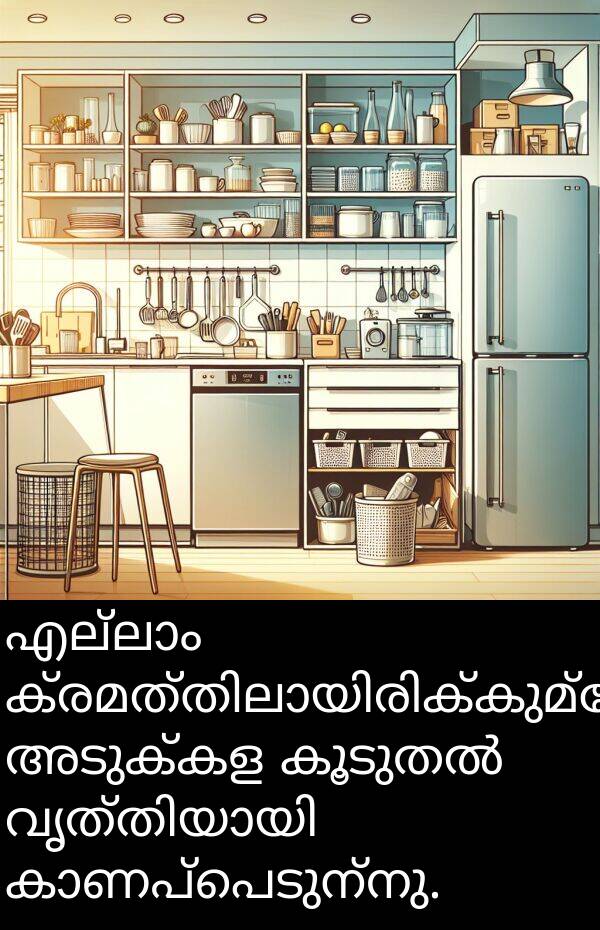 അടുക്കള: എല്ലാം ക്രമത്തിലായിരിക്കുമ്പോൾ അടുക്കള കൂടുതൽ വൃത്തിയായി കാണപ്പെടുന്നു.