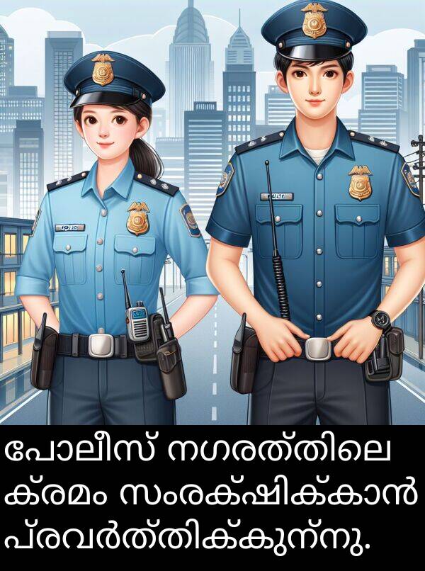 പോലീസ്: പോലീസ് നഗരത്തിലെ ക്രമം സംരക്ഷിക്കാൻ പ്രവർത്തിക്കുന്നു.