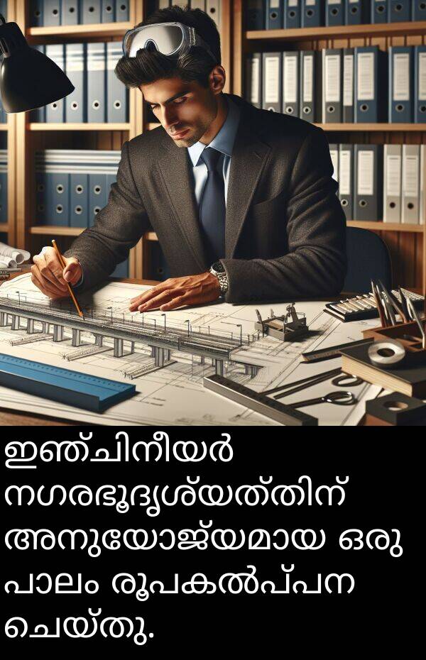 ചെയ്തു: ഇഞ്ചിനീയർ നഗരഭൂദൃശ്യത്തിന് അനുയോജ്യമായ ഒരു പാലം രൂപകൽപ്പന ചെയ്തു.