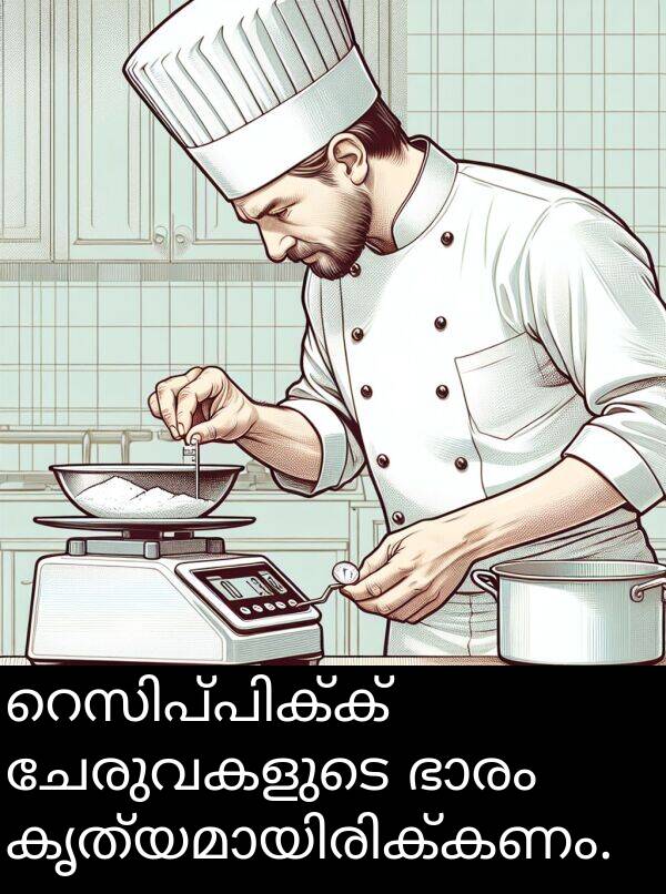 ചേരുവകളുടെ: റെസിപ്പിക്ക് ചേരുവകളുടെ ഭാരം കൃത്യമായിരിക്കണം.