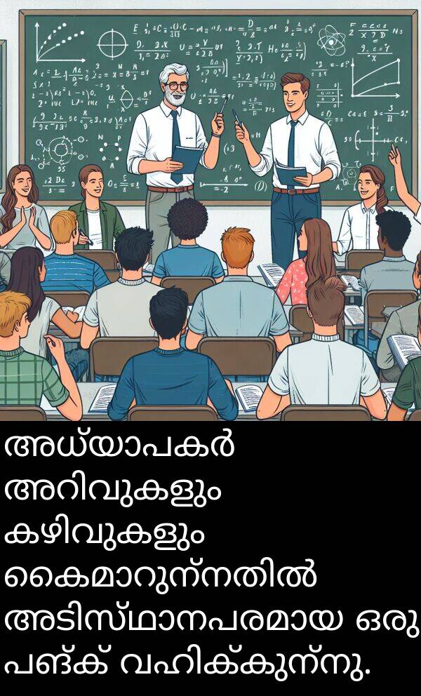 പങ്ക്: അധ്യാപകർ അറിവുകളും കഴിവുകളും കൈമാറുന്നതിൽ അടിസ്ഥാനപരമായ ഒരു പങ്ക് വഹിക്കുന്നു.