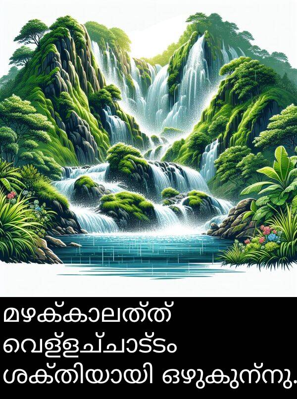 ഒഴുകുന്നു: മഴക്കാലത്ത് വെള്ളച്ചാട്ടം ശക്തിയായി ഒഴുകുന്നു.
