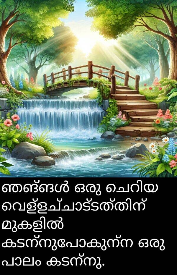 കടന്നുപോകുന്ന: ഞങ്ങൾ ഒരു ചെറിയ വെള്ളച്ചാട്ടത്തിന് മുകളിൽ കടന്നുപോകുന്ന ഒരു പാലം കടന്നു.