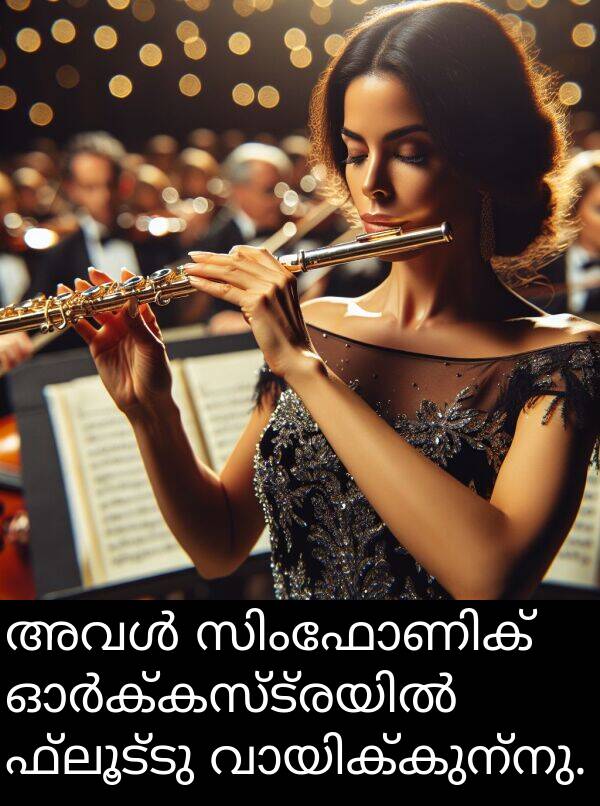 ഫ്ലൂട്ടു: അവൾ സിംഫോണിക് ഓർക്കസ്ട്രയിൽ ഫ്ലൂട്ടു വായിക്കുന്നു.