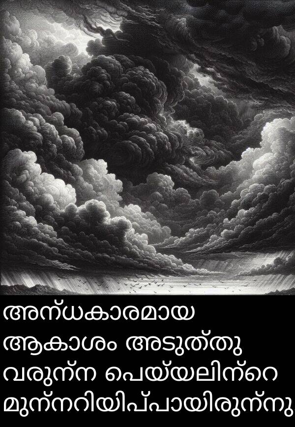 വരുന്ന: അന്ധകാരമായ ആകാശം അടുത്തു വരുന്ന പെയ്യലിന്റെ മുന്നറിയിപ്പായിരുന്നു.