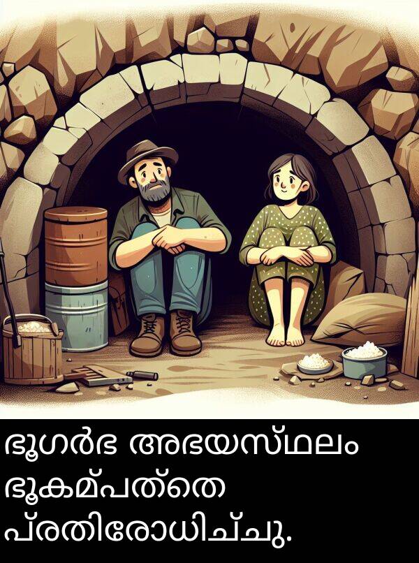 ഭൂകമ്പത്തെ: ഭൂഗർഭ അഭയസ്ഥലം ഭൂകമ്പത്തെ പ്രതിരോധിച്ചു.
