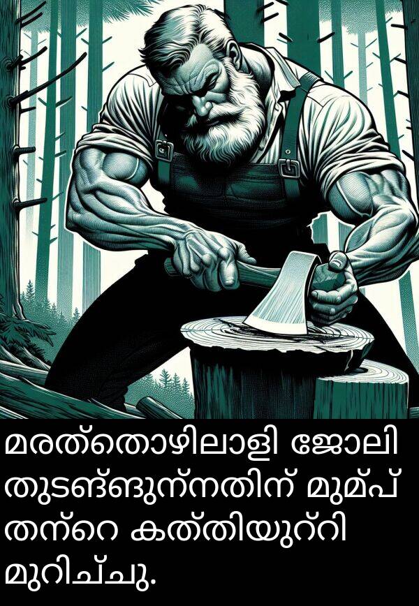 മുമ്പ്: മരത്തൊഴിലാളി ജോലി തുടങ്ങുന്നതിന് മുമ്പ് തന്റെ കത്തിയുറ്റി മുറിച്ചു.