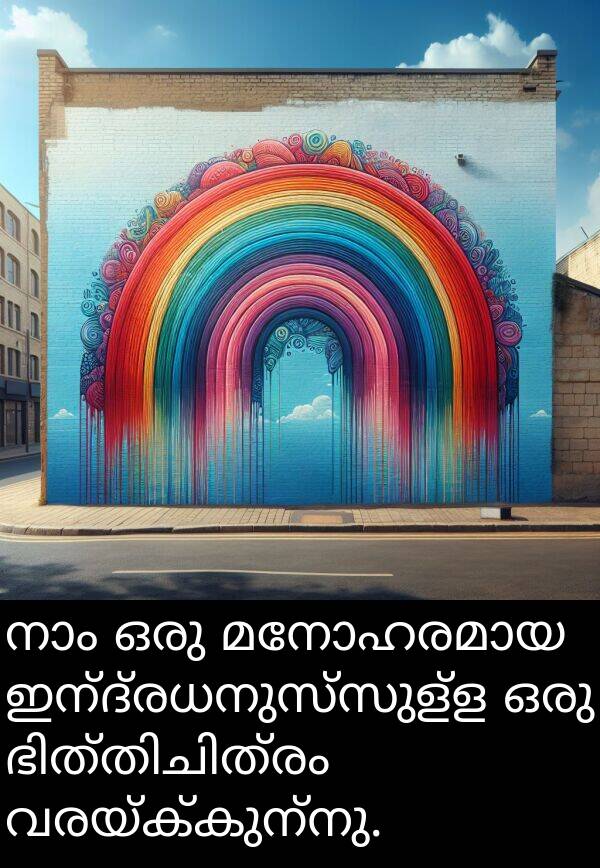 വരയ്ക്കുന്നു: നാം ഒരു മനോഹരമായ ഇന്ദ്രധനുസ്സുള്ള ഒരു ഭിത്തിചിത്രം വരയ്ക്കുന്നു.