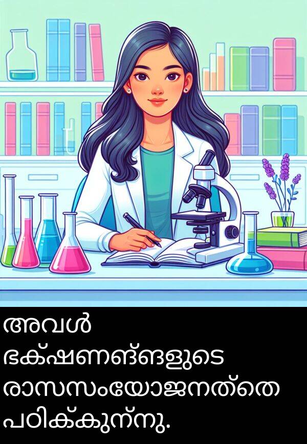 ഭക്ഷണങ്ങളുടെ: അവൾ ഭക്ഷണങ്ങളുടെ രാസസംയോജനത്തെ പഠിക്കുന്നു.