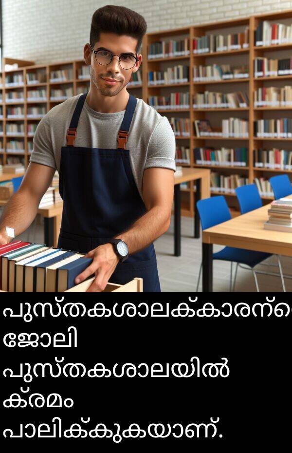 ക്രമം: പുസ്തകശാലക്കാരന്റെ ജോലി പുസ്തകശാലയിൽ ക്രമം പാലിക്കുകയാണ്.