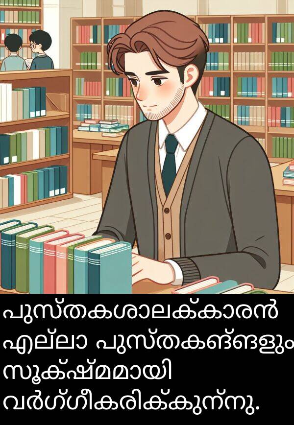 പുസ്തകങ്ങളും: പുസ്തകശാലക്കാരൻ എല്ലാ പുസ്തകങ്ങളും സൂക്ഷ്മമായി വർഗ്ഗീകരിക്കുന്നു.