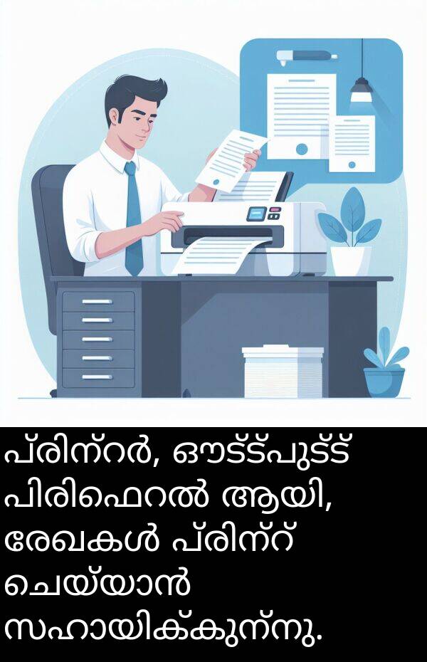 ഔട്ട്പുട്ട്: പ്രിന്റർ, ഔട്ട്പുട്ട് പിരിഫെറൽ ആയി, രേഖകൾ പ്രിന്റ് ചെയ്യാൻ സഹായിക്കുന്നു.