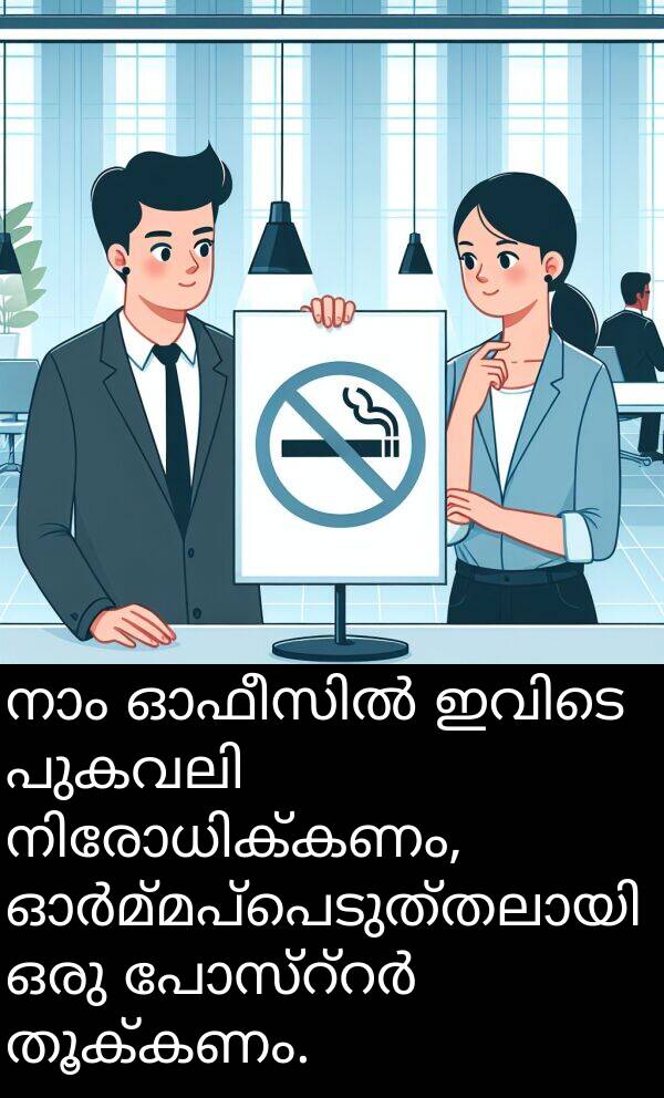 തൂക്കണം: നാം ഓഫീസിൽ ഇവിടെ പുകവലി നിരോധിക്കണം, ഓർമ്മപ്പെടുത്തലായി ഒരു പോസ്റ്റർ തൂക്കണം.