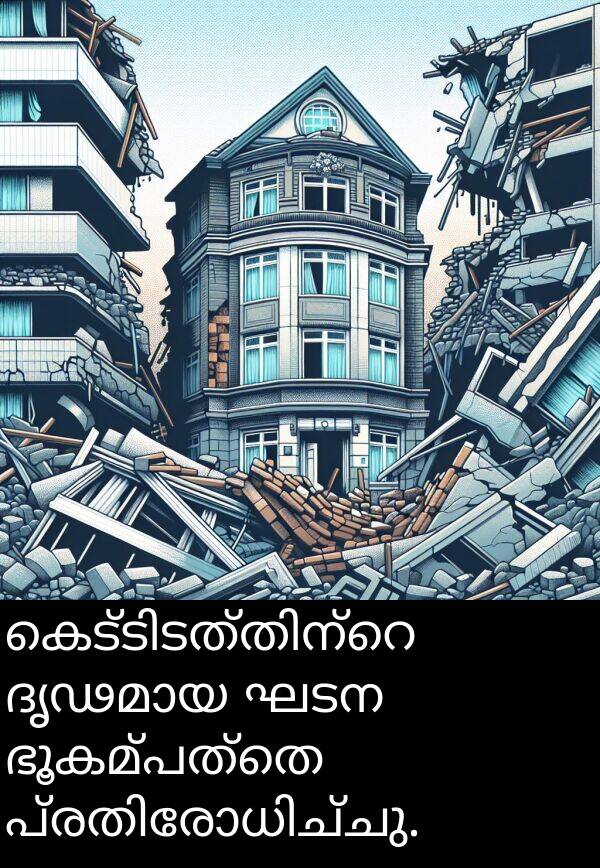 ഭൂകമ്പത്തെ: കെട്ടിടത്തിന്റെ ദൃഢമായ ഘടന ഭൂകമ്പത്തെ പ്രതിരോധിച്ചു.