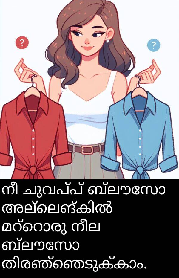 നീല: നീ ചുവപ്പ് ബ്ലൗസോ അല്ലെങ്കിൽ മറ്റൊരു നീല ബ്ലൗസോ തിരഞ്ഞെടുക്കാം.