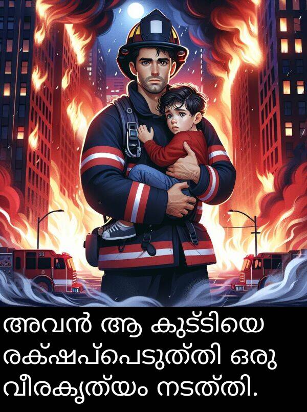 വീരകൃത്യം: അവൻ ആ കുട്ടിയെ രക്ഷപ്പെടുത്തി ഒരു വീരകൃത്യം നടത്തി.