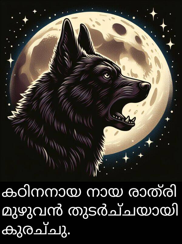 കുരച്ചു: കഠിനനായ നായ രാത്രി മുഴുവൻ തുടർച്ചയായി കുരച്ചു.