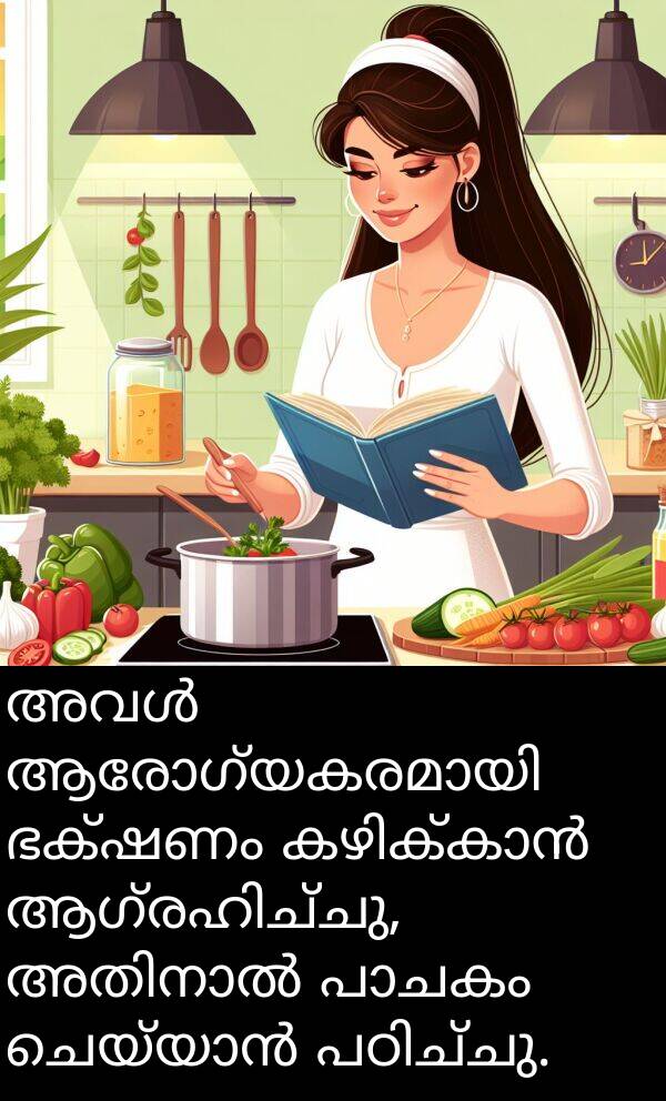 ഭക്ഷണം: അവൾ ആരോഗ്യകരമായി ഭക്ഷണം കഴിക്കാൻ ആഗ്രഹിച്ചു, അതിനാൽ പാചകം ചെയ്യാൻ പഠിച്ചു.