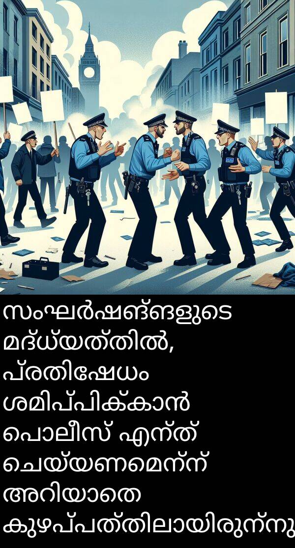 ചെയ്യണമെന്ന്: സംഘർഷങ്ങളുടെ മദ്ധ്യത്തിൽ, പ്രതിഷേധം ശമിപ്പിക്കാൻ പൊലീസ് എന്ത് ചെയ്യണമെന്ന് അറിയാതെ കുഴപ്പത്തിലായിരുന്നു.