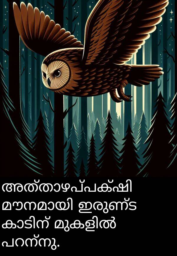 ഇരുണ്ട: അത്താഴപ്പക്ഷി മൗനമായി ഇരുണ്ട കാടിന് മുകളിൽ പറന്നു.