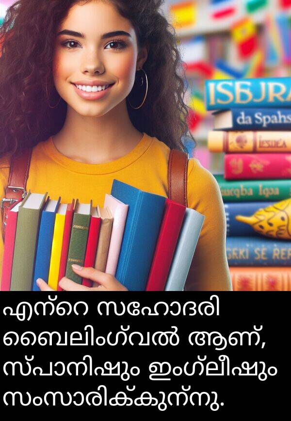 ഇംഗ്ലീഷും: എന്റെ സഹോദരി ബൈലിംഗ്വൽ ആണ്, സ്പാനിഷും ഇംഗ്ലീഷും സംസാരിക്കുന്നു.
