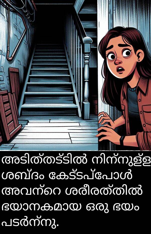 ഭയം: അടിത്തട്ടിൽ നിന്നുള്ള ശബ്ദം കേട്ടപ്പോൾ അവന്റെ ശരീരത്തിൽ ഭയാനകമായ ഒരു ഭയം പടർന്നു.