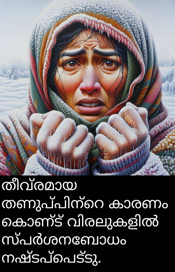 നഷ്ടപ്പെട്ടു: തീവ്രമായ തണുപ്പിന്റെ കാരണം കൊണ്ട് വിരലുകളിൽ സ്പർശനബോധം നഷ്ടപ്പെട്ടു.