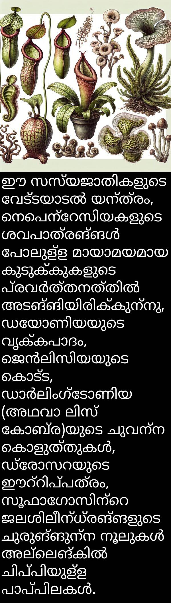 ചുരുങ്ങുന്ന: ഈ സസ്യജാതികളുടെ വേട്ടയാടൽ യന്ത്രം, നെപെന്റേസിയകളുടെ ശവപാത്രങ്ങൾ പോലുള്ള മായാമയമായ കുടുക്കുകളുടെ പ്രവർത്തനത്തിൽ അടങ്ങിയിരിക്കുന്നു, ഡയോണിയയുടെ വൃക്കപാദം, ജെൻലിസിയയുടെ കൊട്ട, ഡാർലിംഗ്ടോണിയ (അഥവാ ലിസ് കോബ്ര)യുടെ ചുവന്ന കൊളുത്തുകൾ, ഡ്രോസറയുടെ ഈറ്റിപ്പത്രം, സൂഫാഗോസിന്റെ ജലശിലീന്ധ്രങ്ങളുടെ ചുരുങ്ങുന്ന നൂലുകൾ അല്ലെങ്കിൽ ചിപ്പിയുള്ള പാപ്പിലകൾ.