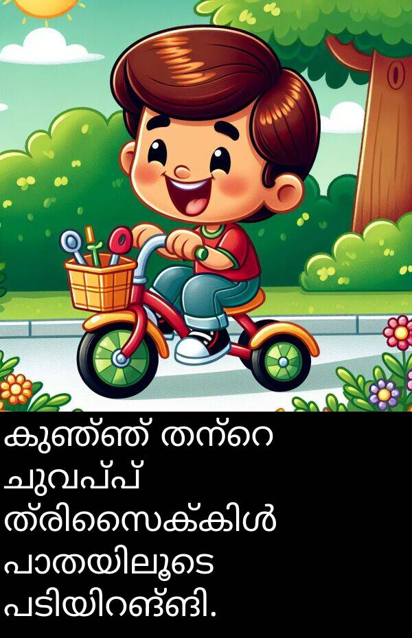 ചുവപ്പ്: കുഞ്ഞ് തന്റെ ചുവപ്പ് ത്രിസൈക്കിൾ പാതയിലൂടെ പടിയിറങ്ങി.